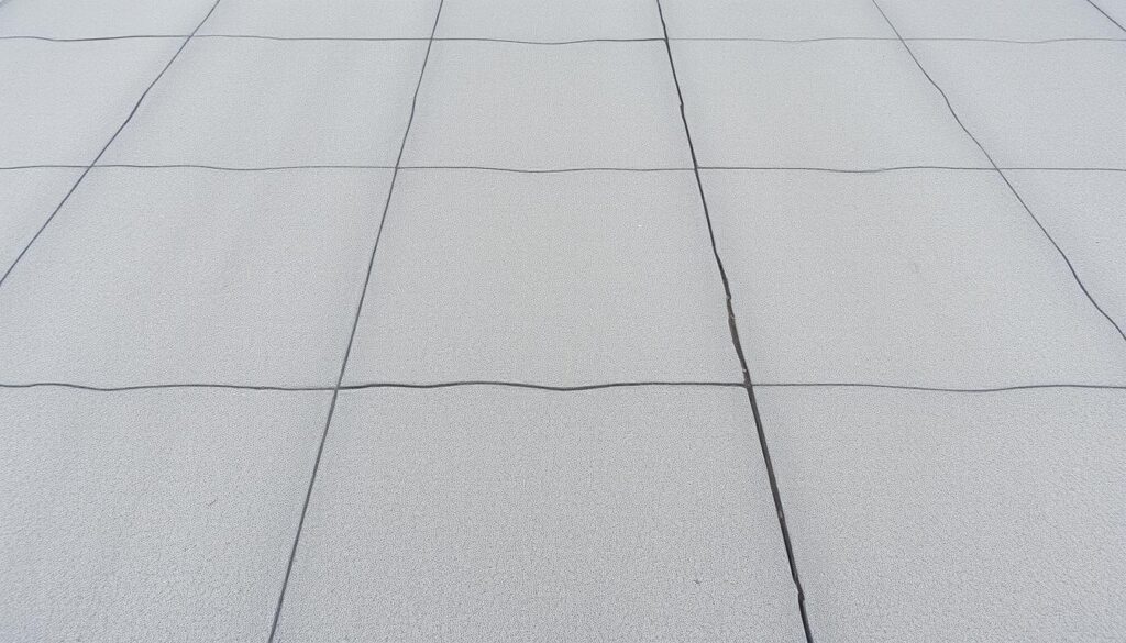Detailed concrete pavement textured with distinct cracks, grooves, and weathered edges. Uniform grey color with subtle variations, capturing the utilitarian aesthetic. Overhead lighting casts soft shadows, creating depth and dimension. The pavement stretches out in a wide, uninterrupted expanse, conveying a sense of expansiveness and functionality. Slight camera angle from above emphasizes the linear, geometric patterns of the concrete surface. Overall, a clean, minimalist composition that highlights the practical nature of this common pavement type.