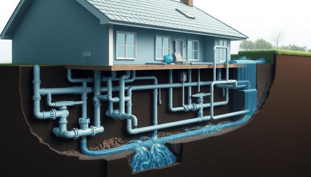 Detailed cross-section of a comprehensive drainage system. Intricate underground piping and channels capturing water flow from various sources - rooftops, gutters, and ground runoff. Precise engineered layouts with junctions, valves, and outlets. Serene, muted color palette with soft lighting and subtle shading to highlight the technical components. Cutaway view revealing the complex network of drainage infrastructure beneath a residential property. Subdued, technical aesthetic to convey the importance of proper plumbing and water management.