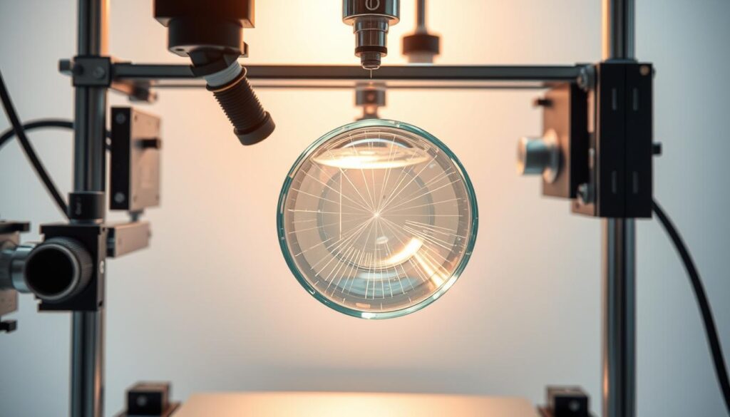 Detailed cross-section of a glass specimen undergoing advanced strength analysis. A glass tube sample is suspended in a metal frame, illuminated by a soft, directional light source. The test setup features various sensors and measurement equipment monitoring stress distribution, fracture patterns, and material properties. The glass appears pristine, with delicate refractions and reflections capturing the complex interplay of forces acting upon it. The background is a clean, minimalist laboratory environment, allowing the technical focus to take center stage. The overall mood is one of scientific inquiry and precision engineering, conveying the challenges of optimizing glass for demanding applications.