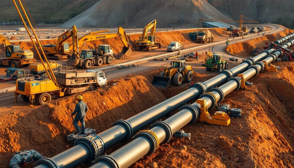 Detailed cross-section of a pipeline construction site, showcasing various techniques and equipment in use. In the foreground, workers carefully lay sections of reinforced steel piping, using cranes and specialized tools. The middle ground features excavators and bulldozers shaping the terrain, while in the background, a team welds joints and installs valves and fittings. Warm, natural lighting illuminates the scene, emphasizing the precision and complexity of the process. Captured with a wide-angle lens to provide a comprehensive view of the project's scope and scale.