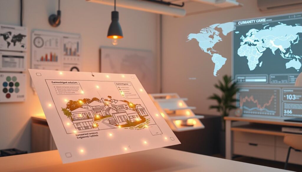 Detailed engineering diagrams and analytics charts float in a clean, minimalist workspace. Warm, focused lighting illuminates sleek, metallic devices and holographic data visualizations. In the foreground, a hand-drawn sketch of a community development plan is surrounded by glowing points of light, representing the measurable impacts of the proposed engineering solutions. The middle ground features a 3D model of a sustainable housing prototype, while the background showcases a dynamic map charting the progress and outcomes of past projects. An atmosphere of precision, innovation, and human-centric design pervades the scene.