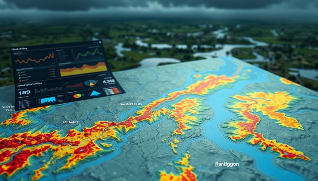 Detailed flood risk analysis map, showcasing flood-prone areas and mitigation strategies. The foreground depicts a comprehensive GIS map with topographical contours, waterways, and flood zones highlighted in vibrant colors. The middle ground features data visualizations and analytics dashboards, providing insights into flood risk factors and potential impact. In the background, a realistic 3D rendered landscape depicts the terrain, with realistic lighting and atmospheric effects creating a sense of depth and realism. The overall mood is one of informative professionalism, conveying the expertise and diligence required for a thorough flood risk assessment.