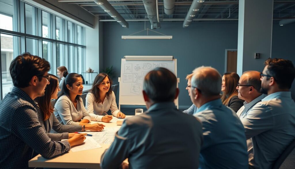 Detailed group of project management professionals in a well-lit open office environment. Foreground features a diverse team gathered around a conference table, engaged in discussion and reviewing project materials. Middle ground shows a whiteboard with conceptual diagrams and notes. Background depicts a modern, minimalist workspace with large windows, neutral color palette, and subtle décor. Soft, directional lighting creates depth and highlights the collaborative atmosphere. Camera angle is slightly elevated to capture the scene from an organizational vantage point. Overall, the image conveys a sense of structure, teamwork, and thoughtful project management in action.