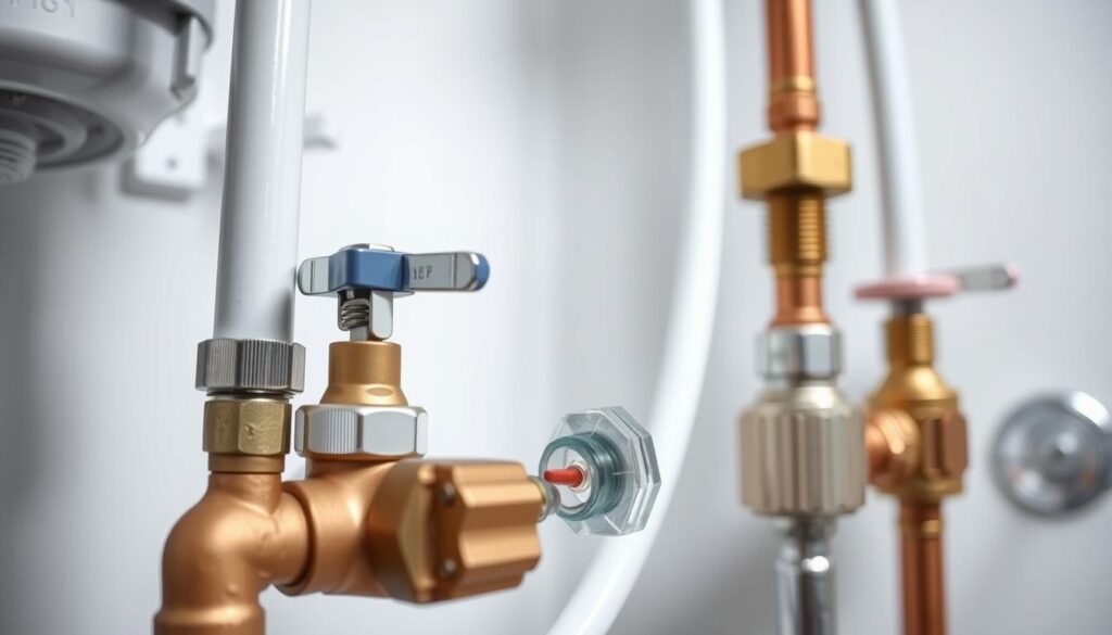 Detailed, high-quality image of water supply lines for a DIY plumbing project. Well-lit, close-up view showcasing the various components: copper or PEX pipes, shut-off valves, compression fittings, and manifolds. Clean, modern setting with a neutral color palette to highlight the plumbing hardware. Crisp focus and realistic textures to convey the professional, technical nature of the subject matter. Slight low angle perspective to emphasize the importance and centrality of the water supply system. Conveys a sense of precision, functionality, and the crucial role of properly installed water lines in a successful DIY plumbing endeavor.