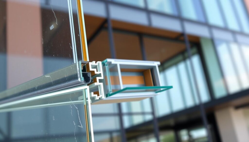 Detailed, high-resolution image of hurricane-resistant glazing system, showcasing its key features. In the foreground, a close-up view of the glazing material, highlighting its shatter-resistant, impact-absorbing properties. In the middle ground, a cross-section revealing the multilayered construction and reinforced frame. In the background, an exterior view of the glazing installed in a building facade, demonstrating its resilience against strong winds and flying debris. Crisp, evenly lit scene captured with a wide-angle lens to emphasize the scale and durability of the system. Conveys a sense of security and protection against extreme weather conditions.