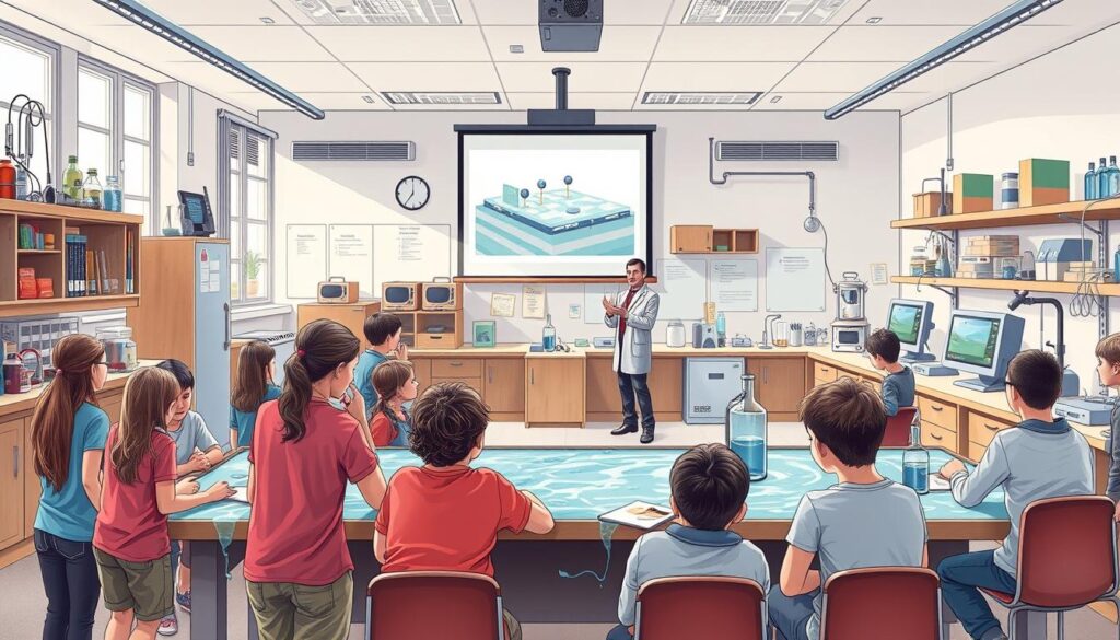 Detailed hydrology education illustration featuring a classroom setting with students engaged in hands-on experiments and interactive lessons. In the foreground, a group of students clustered around a water table, observing the flow of liquids and simulating hydrological processes. The middle ground showcases a professor demonstrating a hydrological model using a projection screen, surrounded by attentive students. The background depicts a well-equipped hydrology laboratory with various scientific instruments and equipment, creating an atmosphere of academic inquiry and discovery. Soft, natural lighting filters through the windows, enhancing the educational ambiance. The overall scene conveys a sense of active learning and the exciting exploration of the science of water.