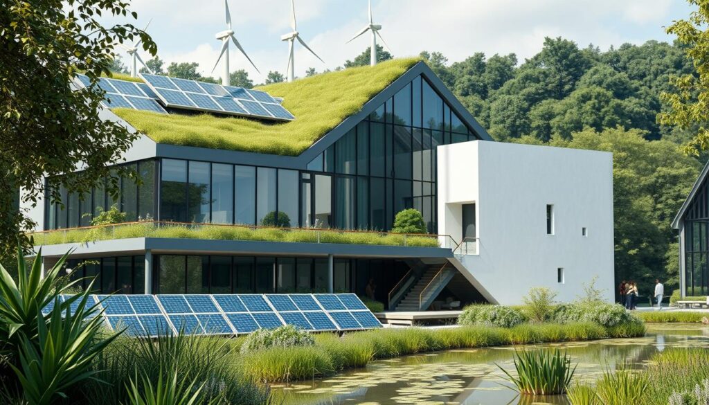 Detailed image of a modern green building with a sleek, sustainable design. The foreground showcases an array of energy-efficient features like solar panels, wind turbines, and green roofing. The middle ground depicts the building's innovative architectural elements, such as large windows, natural ventilation systems, and a minimalist, biophilic aesthetic. The background highlights the lush, landscaped surroundings with native plants and a tranquil pond, creating a harmonious integration of the structure with its natural environment. The overall scene conveys a sense of environmental consciousness, technological advancement, and holistic well-being.