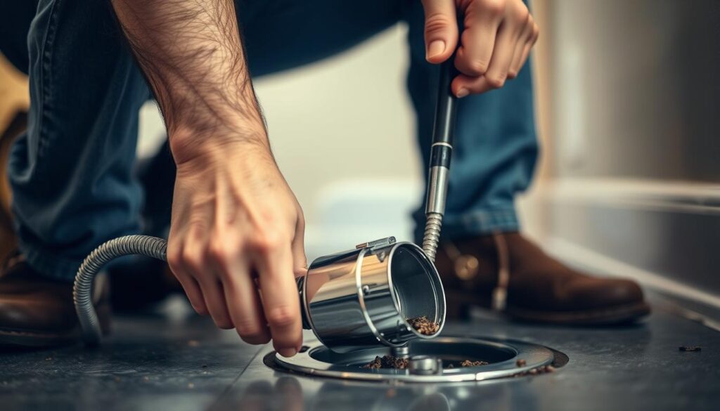 Detailed image of a person cleaning out a drain trap: A person in casual clothes crouching down, using a plumber's snake tool to carefully extract debris from a partially disassembled drain trap. The scene is well-lit, with soft, warm lighting from above illuminating the person's focused expression and the chrome-finished trap. The background is blurred, emphasizing the task at hand. The image captures the methodical process of maintaining a home's plumbing system, conveying a sense of practical problem-solving and self-reliance.