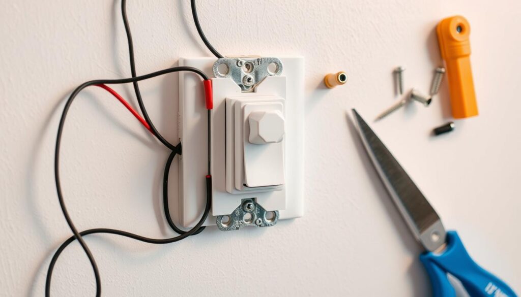 Detailed image of an intricate dimmer switch installation process, showcasing the electrical components and step-by-step assembly. Brightly lit, high-resolution close-up view of a dimmer switch mounted on a white wall, with various wires, screws, and installation tools neatly arranged around it. The scene conveys a sense of precision and technical expertise required for a successful dimmer switch installation, suitable for a DIY homeowner's guide.