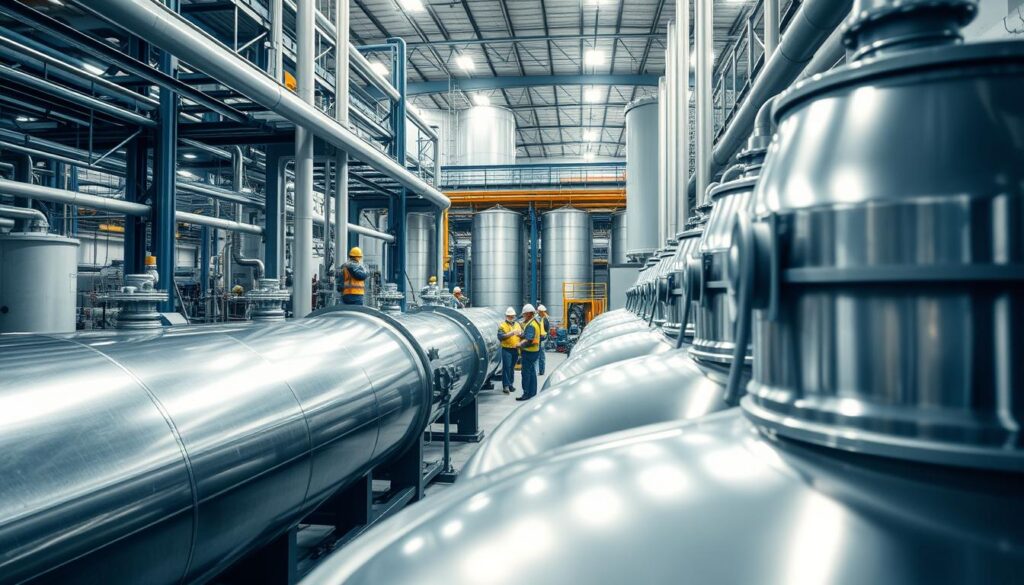 Detailed industrial water recycling system in a modern factory setting. In the foreground, a series of large filtration tanks and centrifuges, their metallic surfaces gleaming under bright, overhead lighting. In the middle ground, workers in protective gear monitor the process, surrounded by a network of pipes and valves. The background reveals the expansive factory floor, with towering storage silos and the hum of machinery. The scene conveys a sense of efficient, high-tech water treatment, contributing to the factory's sustainable and cost-effective operations.