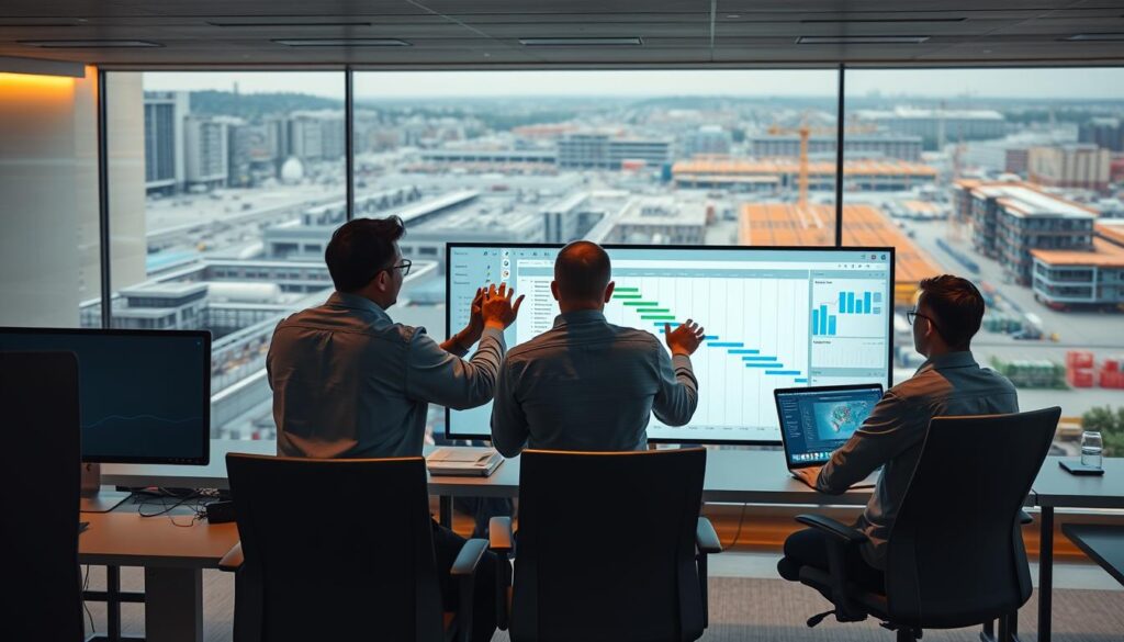 Detailed project planning software for civil engineering, showcasing an intuitive dashboard with Gantt charts, resource allocation, and task dependencies. Crisp, clean interface with a subtle blue-grey color scheme, providing a calm, professional atmosphere. In the foreground, team members collaborating around a large touchscreen, gesturing to shared plans and coordinating seamlessly. Warm, indirect lighting casts a soft glow, enhancing the sense of teamwork and communication. In the background, a panoramic view of a bustling construction site, emphasizing the real-world applications of the software. Sleek, modern workstations and ergonomic chairs suggest a high-tech, efficient workspace optimized for civil engineering project management.