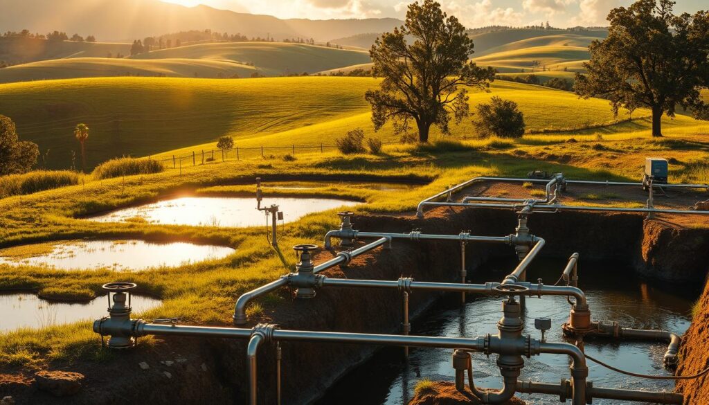 Detailed scene depicting an aquifer recharge system in operation. A lush, verdant landscape in the background, with rolling hills and towering trees. In the foreground, a series of interconnected ponds and basins, designed to capture and infiltrate surface water into the underlying aquifer. Pipes, valves, and monitoring equipment visible, all bathed in warm, golden sunlight filtering through wispy clouds. The overall mood is one of tranquility and efficiency, showcasing the careful engineering and environmental stewardship required to maintain a sustainable groundwater recharge system.