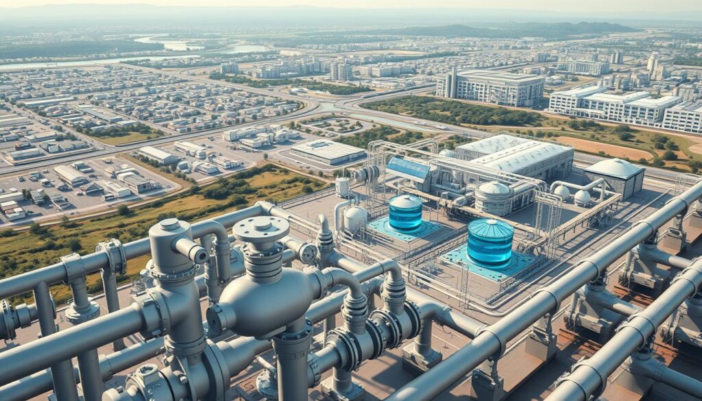 Detailed schematic diagram of a comprehensive water supply infrastructure design. Sleek industrial pipelines and valves in the foreground, efficiently channeling water through a network of expertly engineered components. In the middle ground, a series of interconnected water treatment facilities, with advanced filtration systems and storage tanks. The background depicts a sprawling urban landscape, where this intricate water distribution system seamlessly integrates, delivering clean, reliable water to homes and businesses. Crisp, high-contrast lighting illuminates the technical precision of the design, conveying a sense of modern, sustainable water management. Rendered in a detailed, technical style to showcase the importance of efficient water supply infrastructure.