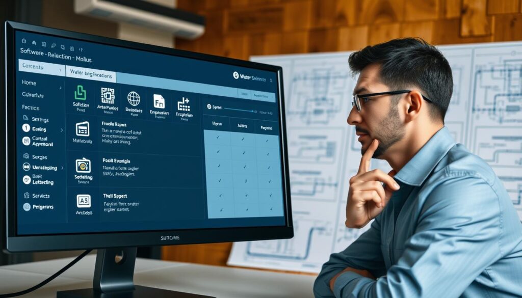 Detailed software selection process for water engineering, with a clean and modern interface. In the foreground, a desktop computer screen displaying various software options, icons, and comparison metrics. In the middle ground, a thoughtful engineer scrutinizing the screen, hand on chin. In the background, architectural blueprints, flow diagrams, and engineering schematics convey the technical context. Warm lighting and a minimalist color palette evoke a professional, deliberative atmosphere conducive to informed decision-making.
