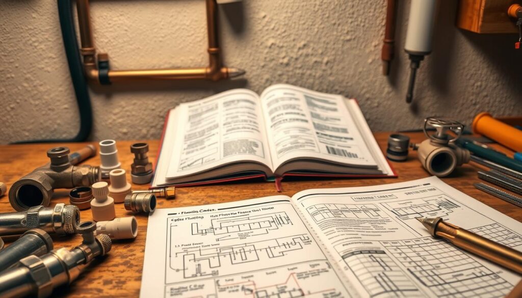 Detailed technical schematics of plumbing codes and regulations, neatly arranged on a workbench with various pipes, fittings, and tools in the foreground. In the middle ground, an open codebook is displayed, showcasing diagrams and textual information. The background is softly lit, creating a professional, educational atmosphere, with a neutral color palette complementing the technical nature of the scene. Crisp focus, warm lighting, and a sense of order and organization convey the importance of understanding plumbing regulations for responsible homeowner repairs.