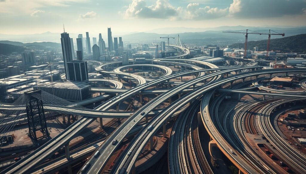 Detailed transportation infrastructure with intricate financial challenges. Towering bridges, complex highway interchanges, and bustling railway terminals set against a backdrop of soaring skyscrapers and rolling hills. Muted tones of steel, concrete, and glass create a sense of weighty responsibility. Dramatic lighting casts dramatic shadows, highlighting the scale and complexity of the systems. Cranes and construction equipment dot the landscape, suggesting ongoing challenges and the need for continual investment and maintenance. An aerial perspective provides a birds-eye view of the expansive network, conveying the vast scope of transportation infrastructure finance.
