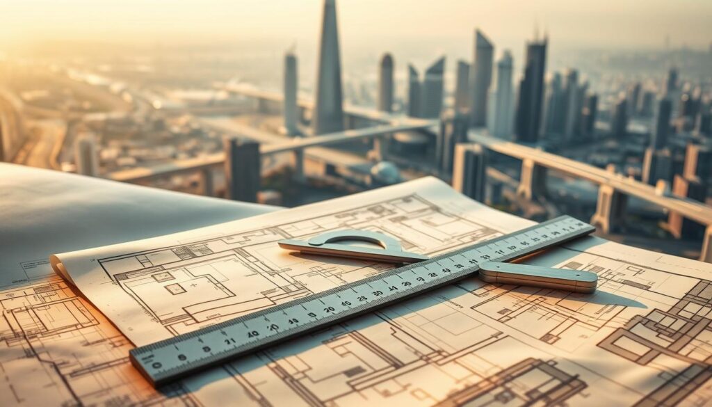Detailed urban planning regulations, represented by a set of architectural blueprints and construction plans, illuminated by warm, directional lighting casting dramatic shadows. In the foreground, a ruler, protractor, and scale are placed atop the plans, conveying the technical precision required. The middle ground features a sleek, modern cityscape, with skyscrapers, bridges, and infrastructure, showcasing the practical application of these regulations. The background is hazy, with a subtle gradient reflecting the overarching policies and guidelines that shape the urban environment. The overall mood is one of thoughtful, considered development, where form and function harmonize to create a sustainable, well-planned city.