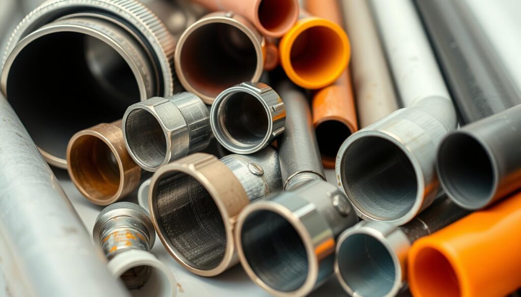 Detailed view of a variety of metal and plastic plumbing pipes in various diameters, arranged neatly on a clean, well-lit surface. The pipes are shown in different sections, with different colors and textures to represent common materials used in residential and commercial plumbing systems. The lighting is soft and diffused, highlighting the intricate details and the sheen of the pipe surfaces. The camera angle is slightly elevated, providing a comprehensive perspective on the different pipe types and their potential applications.