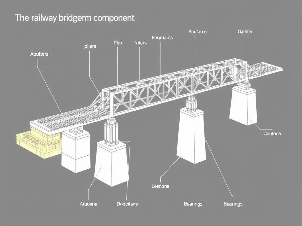 Diagram showing the core components of railway bridge structural design including foundations, beams, and trusses Diagram showing the core components of railway bridge structural design including foundations, beams, and trusses