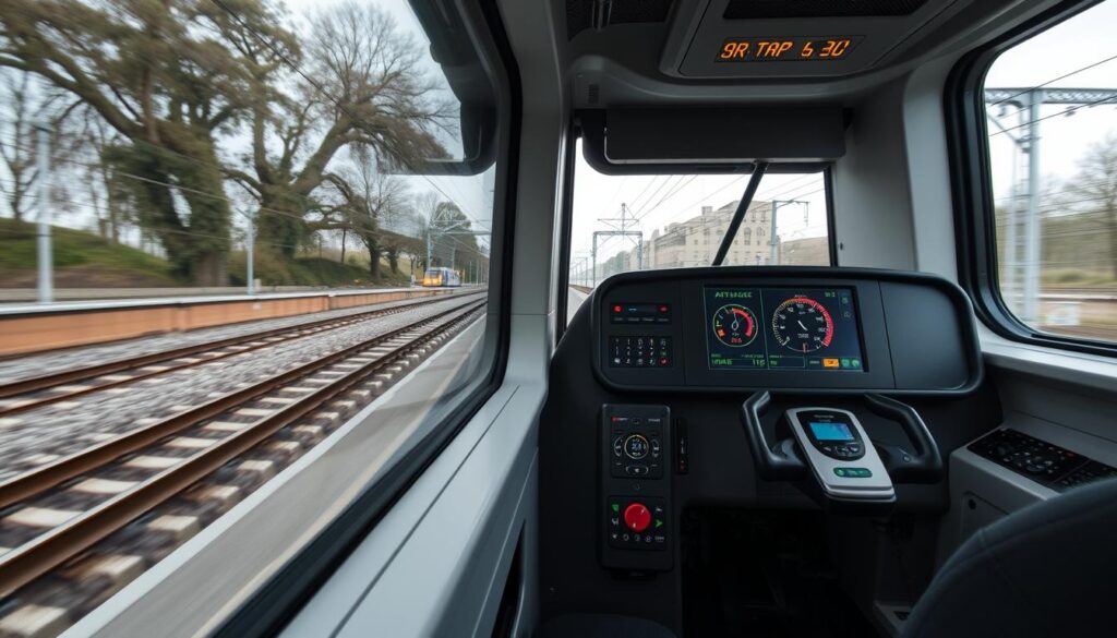 ERTMS implementation showing in-cab display and trackside equipment ERTMS implementation showing in-cab display and trackside equipment