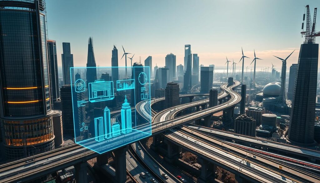 Emerging Technologies in Civil Engineering: a futuristic cityscape with towering skyscrapers, intricate bridges, and gleaming infrastructure. In the foreground, a network of smart sensors and IoT devices monitor structural integrity, traffic flow, and energy efficiency. The middle ground features holographic displays showcasing 3D-printed building components and autonomous construction vehicles. In the background, a skyline of renewable energy sources - wind turbines, solar panels, and next-generation nuclear reactors - power the bustling metropolis. Crisp, bright lighting illuminates the scene, casting long shadows and creating a sense of innovation and progress. The overall atmosphere conveys a vision of a sustainable, technologically-advanced future for civil engineering.