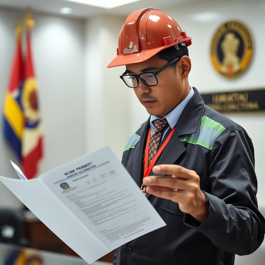 Engineer reviewing work permit documentation for Southeast Asian employment