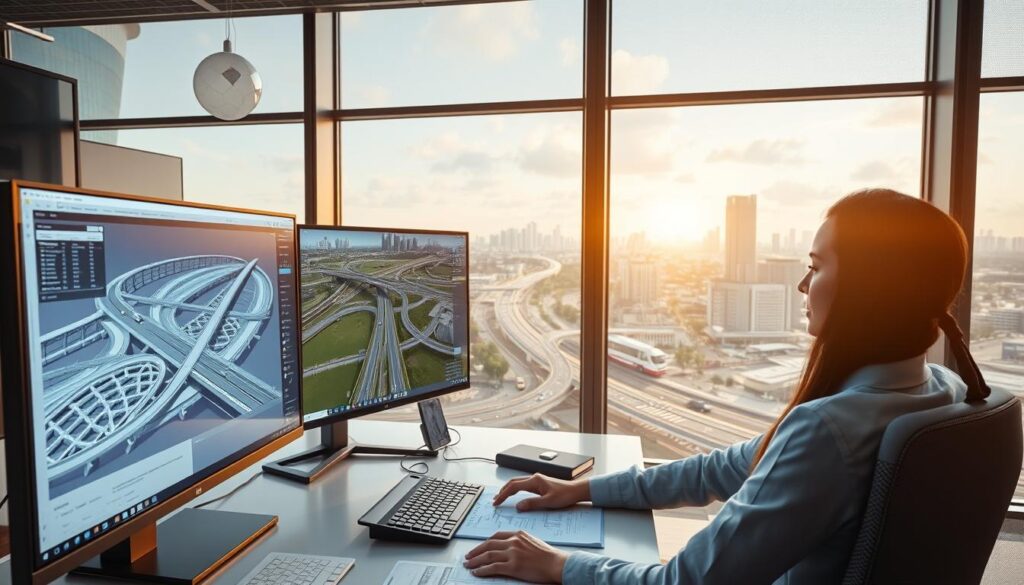 Engineer using BIM technology to design transportation infrastructure in Southeast Asia