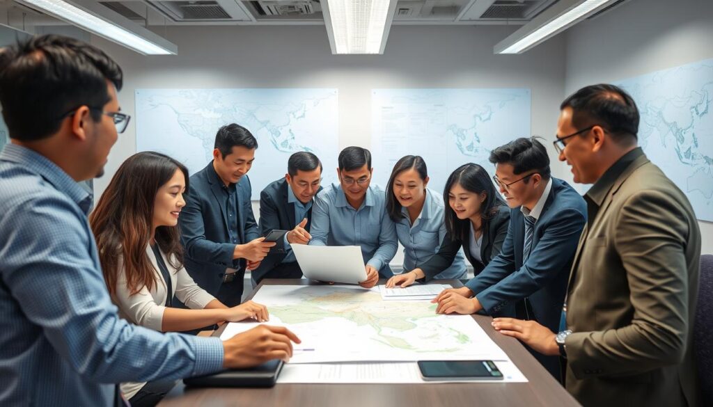 Engineering professionals from different Southeast Asian countries collaborating on a regional project Engineering professionals from different Southeast Asian countries collaborating on a regional project