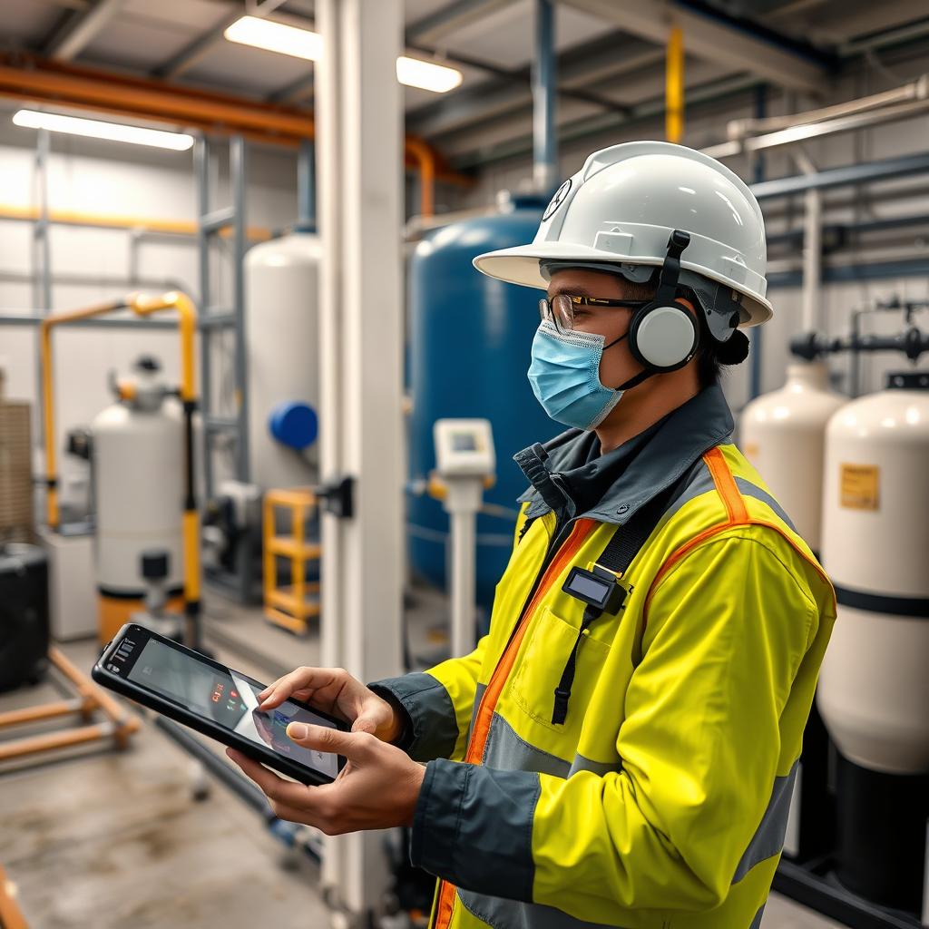 Environmental engineer monitoring water quality at a treatment facility in Southeast Asia