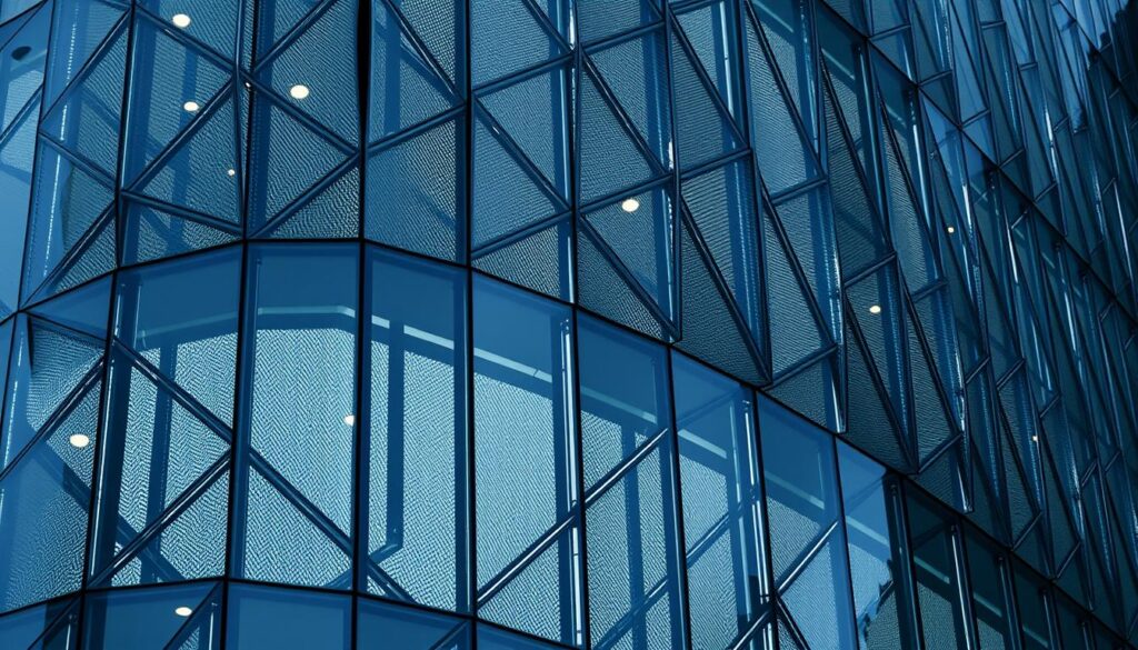 Exterior glass façade with striking geometric patterns and sleek, modern design. Capturing the interplay of light and shadow, the image showcases a dynamic, textured glass surface that wraps around the building's structure. The glass panels are arranged in a repeating, angular motif, creating a visually captivating and technically intricate architectural feature. The lighting is set to emphasize the depth and dimensionality of the design, with subtle highlights and shadows accentuating the clean lines and precise engineering. The overall tone is one of sophistication, innovation, and a strong focus on the technical and aesthetic considerations of façade glazing.