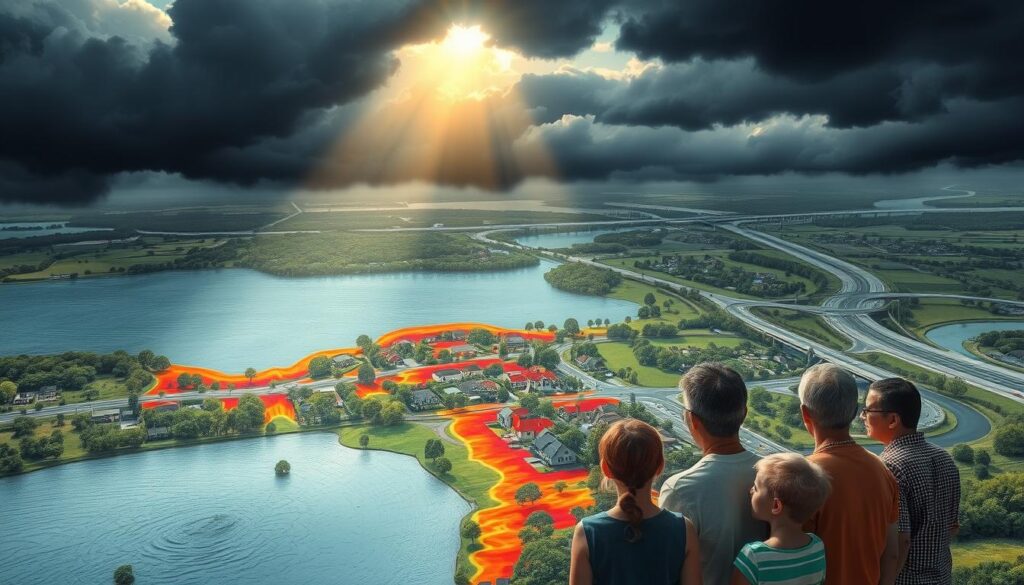 Flood risk analysis, a detailed topographic map with contour lines, highlighting high-risk areas in vibrant colors. A ray of sunlight pierces through dark storm clouds, casting a dramatic spotlight on a neighborhood partially submerged in rising waters. In the foreground, a family anxiously surveys the scene, their expressions reflecting the common misconceptions about flood risk. The background depicts infrastructure such as roads and bridges, their vulnerability emphasized by the encroaching floodwaters. Rendered in a photorealistic style, this image conveys the urgency of understanding and addressing flood risk to protect one's property and community.