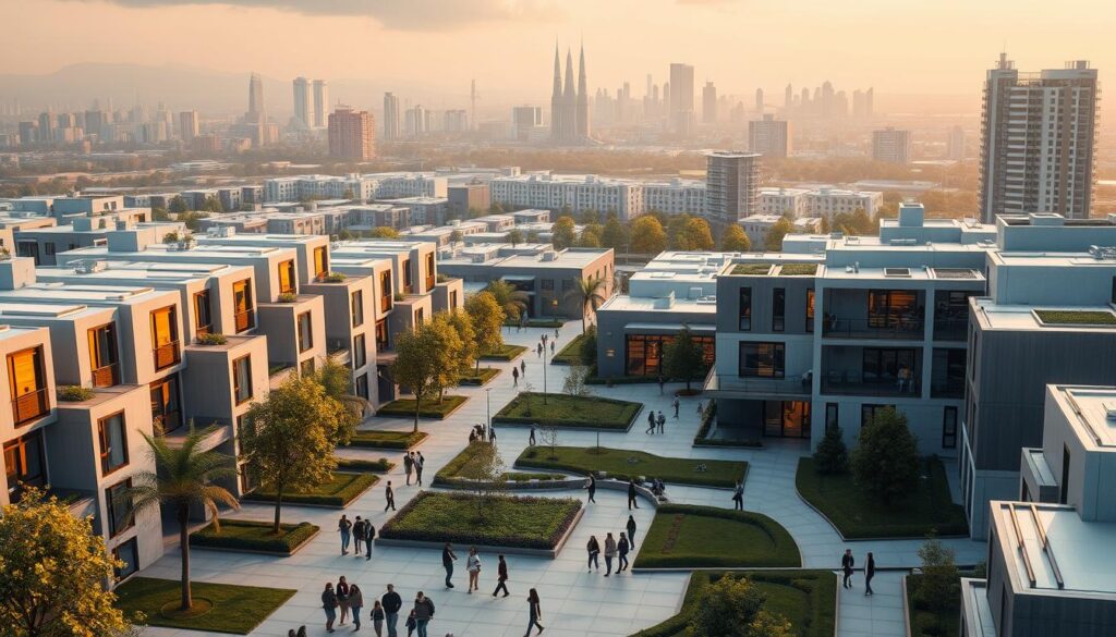 Futuristic cityscape of an affordable urban development, featuring sleek modular housing units with clean lines, efficient layouts, and sustainable design elements. The buildings are arranged in a grid-like pattern, with ample green spaces and pedestrian-friendly walkways in between. The scene is bathed in warm, diffused lighting, creating a welcoming and inclusive atmosphere. In the foreground, there are people enjoying the public spaces, engaging in various activities. The middle ground showcases a mix of residential and commercial structures, with a focus on community-oriented amenities. The background depicts a vibrant, thriving metropolis, hinting at the integration of this affordable development within the larger urban landscape.