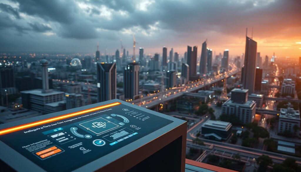 Futuristic energy management system in a smart city landscape. Sleek, minimalist control panel with holographic displays and intuitive touch interfaces. Ambient lighting casts a warm, futuristic glow. In the background, a network of interconnected buildings, renewable energy sources, and intelligent energy grids. Smooth camera panning reveals the seamless integration of technology and infrastructure, creating an efficient, sustainable urban environment. A sense of advanced, user-centric technology in harmony with the cityscape.