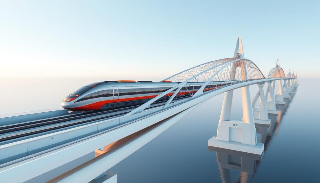 Futuristic railway bridge concept showing next-generation structural design approaches Futuristic railway bridge concept showing next-generation structural design approaches