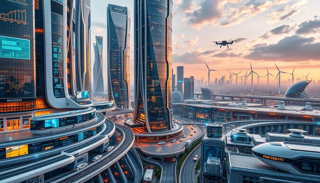 Futuristic smart city infrastructure, featuring towering skyscrapers with sleek, sustainable designs. In the foreground, an intricate network of autonomous vehicles, electric transport, and interconnected pedestrian walkways. Streaming data visualizations and digital signage adorn the buildings, showcasing the integrated control systems that optimize energy, traffic, and resource management. The middle ground is alive with bustling activity - drones and delivery robots weaving through the urban landscape. Bathed in a warm, amber glow from strategically placed lighting, the scene conveys a sense of efficiency, innovation, and technological advancement. In the background, a panoramic view of the cityscape, with towering wind turbines and gleaming solar panels harnessing renewable energy sources. An immersive, technologically-advanced vision of the future of urban infrastructure.