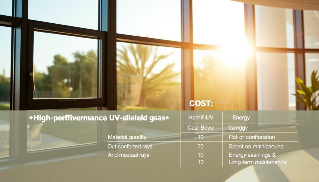 High-performance UV-blocking windows with sleek, modern frames set against a backdrop of a sunlit contemporary office. The windows' tinted glass filters out harmful UV rays, maintaining a comfortable and energy-efficient interior. In the foreground, a detailed cost breakdown showcases the various factors influencing the investment, from material quality and installation to energy savings and long-term maintenance. Subtle shadows and warm lighting emphasize the windows' protective capabilities, inviting the viewer to consider the cost-benefit analysis of upgrading to UV-shielding glazing solutions.