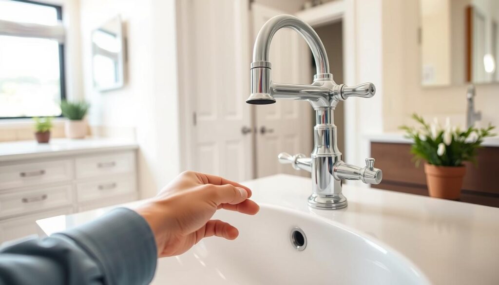 High-quality, detailed image of a person installing a new faucet in a bathroom sink. The foreground shows the person's hands and the faucet being installed, with the faucet hardware and tools clearly visible. The middle ground includes the sink, countertop, and surrounding cabinet area. The background depicts a well-lit, clean bathroom interior with neutral tones and minimal decor, creating a bright, professional atmosphere. Lighting is natural, with soft shadows and highlights accentuating the details. The composition is balanced, with the faucet installation as the focal point. The overall image conveys a helpful, instructional tone suitable for a home DIY article.