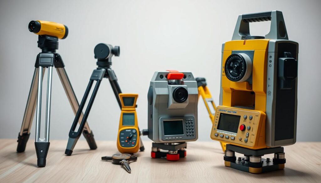 High-quality studio shot of a diverse set of professional surveying instruments, including a tripod-mounted theodolite, a handheld laser distance meter, a surveyor's compass, and an electronic total station, all arranged neatly on a clean, light-colored wooden surface. The instruments are meticulously detailed, with a crisp, well-lit appearance that showcases their technical features. The background is a soft, out-of-focus gradient, creating a sense of depth and focus on the tools. The overall composition is visually balanced and aesthetically pleasing, highlighting the precision and importance of these essential surveying tools.