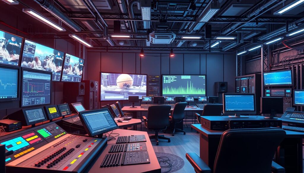 High-resolution 3D rendering of broadcast equipment and infrastructure in a modern control room setting. Prominent in the foreground are various broadcast signal monitoring devices, audio mixing consoles, and video switching interfaces. In the middle ground, large display screens showcase real-time video feeds and waveform monitoring. The background is filled with server racks, networking equipment, and intricate cable management systems. The lighting is crisp and professional, with a blend of warm and cool tones to highlight the technical nature of the scene. The overall atmosphere conveys a sense of precision, complexity, and the importance of adherence to broadcast standards in the media industry.