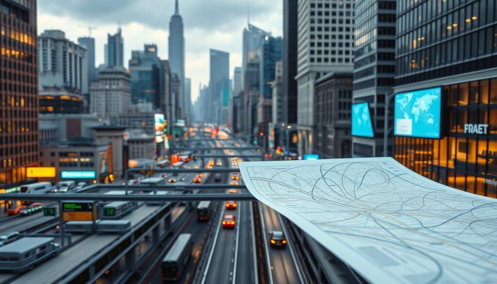 High-resolution cityscape with a variety of urban transportation planning tools prominently displayed in the foreground, including maps, diagrams, scale models, and digital interfaces. The scene has a professional, technical atmosphere with clean lighting and focus on the tools. In the middle ground, bustling city streets and infrastructure are visible, hinting at the broader context. The background features architectural elements like skyscrapers and bridges, creating a sense of an urban environment. The overall tone is one of forward-thinking and innovation in the field of urban mobility planning.