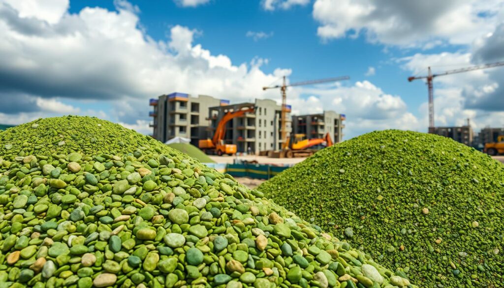 High resolution image of a construction site with piles of green aggregates in the foreground, surrounded by construction equipment and partially completed buildings in the middle ground, all set against a backdrop of a cloudy blue sky with natural lighting. The aggregates should have a varied texture and shades of green, with some pebbles and larger stones visible. The scene should convey a sense of sustainability and eco-friendliness in the construction process.