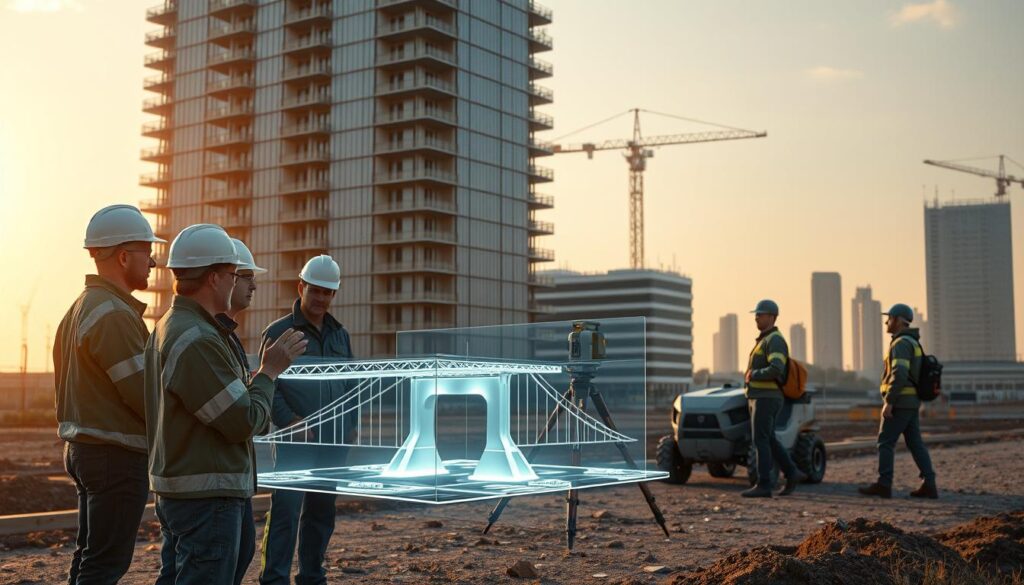 High-resolution, photorealistic image of a modern civil engineering worksite, featuring a team of engineers and technicians using cutting-edge digital tools and equipment. In the foreground, a group of engineers are gathered around a 3D holographic model of a bridge design, gesturing and discussing plans. In the middle ground, a robotic surveying vehicle scans the terrain, while in the background, a tower crane constructs a sleek, contemporary high-rise building. The scene is bathed in warm, natural lighting, conveying a sense of progress and innovation in the field of civil engineering technology.