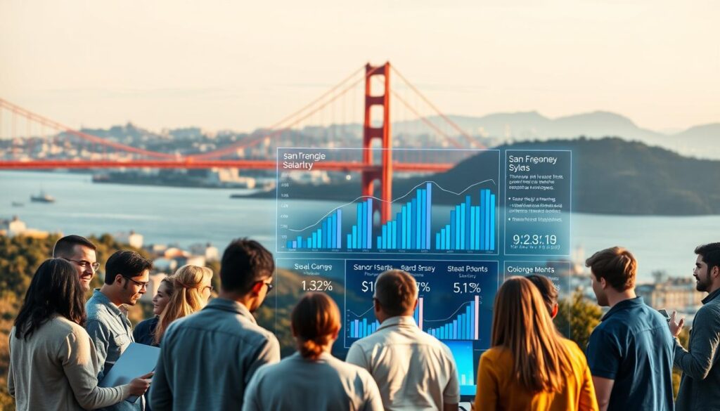 High-resolution, wide-angle image of the San Francisco Bay Area skyline with the iconic Golden Gate Bridge and Salesforce Tower in the background. In the foreground, a group of software engineers in casual attire, some with laptops, are gathered around a holographic data visualization display showing a breakdown of software engineering salaries in the region. The scene is bathed in warm, golden light, reflecting the prosperous and innovative atmosphere of Silicon Valley. The overall mood is one of professional success and technological advancement.