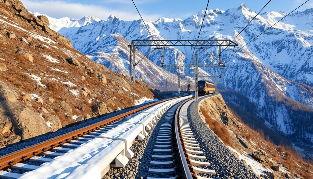 High-speed rail track with weather protection systems in mountainous terrain