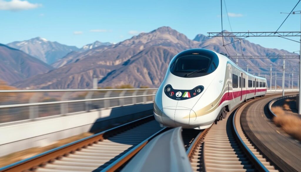High-speed rail train running on modern track construction with mountains in background