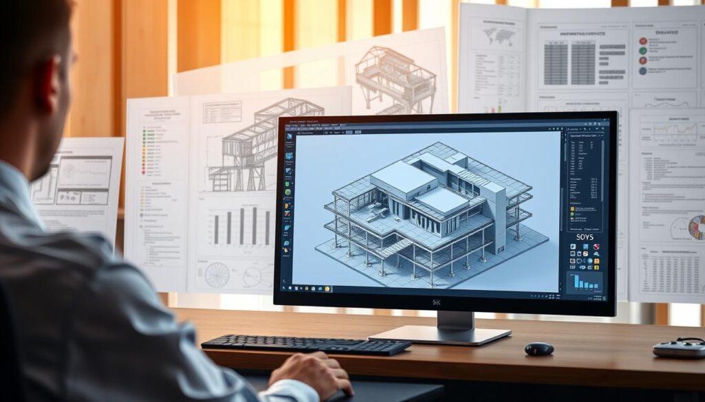 Highly detailed architectural rendering of a STAAD Pro software interface, showcasing best practices for efficient structural design. The foreground features a clean, well-organized workspace with intuitive tools and menus. The middle ground displays a 3D model of a complex building structure, highlighting the software's powerful modeling capabilities. The background subtly blends design blueprints, engineering calculations, and technical specifications, conveying the depth of STAAD Pro's analytical features. The scene is illuminated by warm, directional lighting that emphasizes the software's user-friendly and professional aesthetic. The overall composition aims to inspire confidence in STAAD Pro's ability to streamline the structural design process.