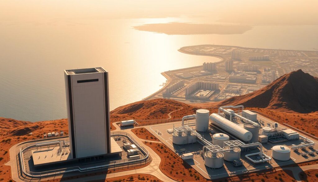 Imagine a futuristic landscape where desalination emerges as a cutting-edge solution. In the foreground, a sleek, modular desalination plant stands tall, its streamlined design reflecting the latest advancements in membrane technology and renewable energy integration. The middle ground showcases a bustling hub of research labs and pilot facilities, where scientists and engineers collaborate to push the boundaries of desalination efficiency and sustainability. In the background, a panoramic view of a coastal city shimmers, highlighting the growing global demand for reliable, environmentally-conscious water treatment systems. The scene is bathed in a warm, golden light, conveying a sense of optimism and progress in the face of water scarcity challenges.