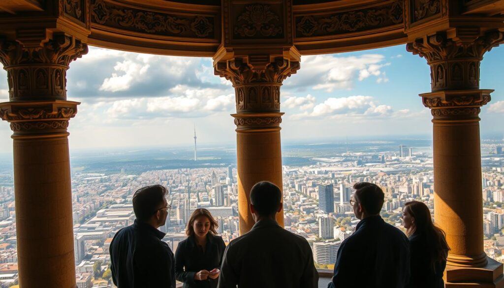 Imposing architectural structure with intricate carvings, representing the foundations of engineering ethics. In the foreground, a group of engineers engaged in thoughtful discussion, their expressions conveying the gravity of their decisions. Warm, directional lighting casts dramatic shadows, highlighting the contemplative mood. In the background, a panoramic view of a bustling cityscape, underscoring the far-reaching impact of engineering on society. The scene evokes a sense of responsibility, balance, and the ever-evolving dialogue between technology and humanity.