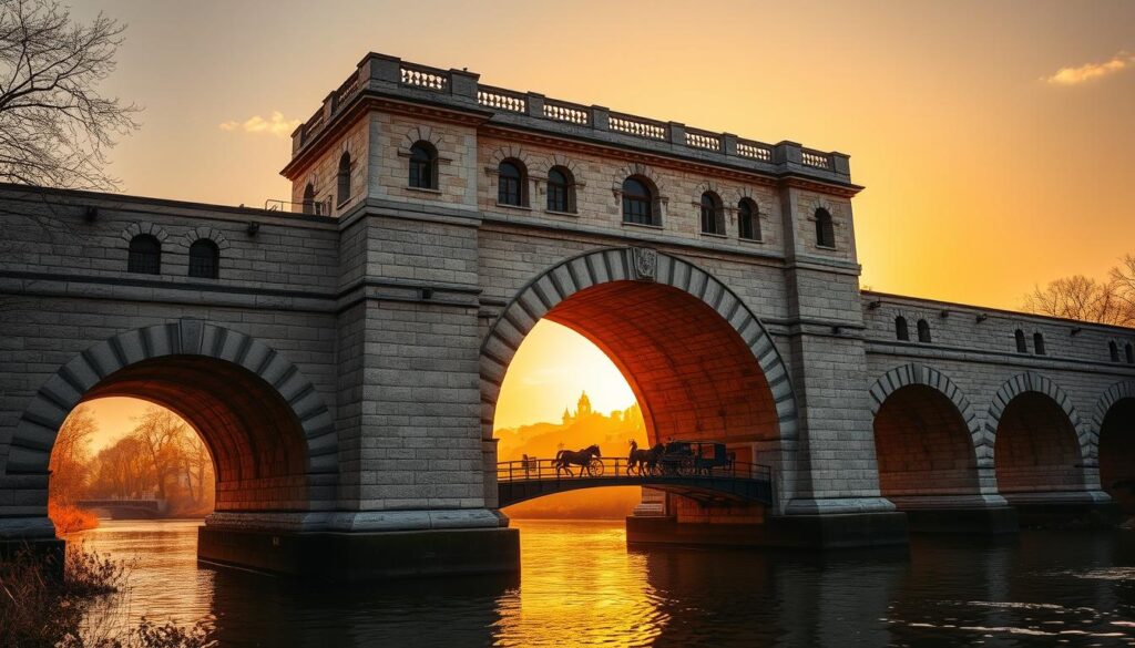Imposing stone arch bridge spanning a serene river, its graceful form silhouetted against a golden sunset sky. Intricate stone masonry and ornamental details reveal the skilled craftsmanship of medieval bridge builders. In the foreground, a horse-drawn carriage crosses the bridge, evoking a sense of historical nostalgia. Warm lighting casts long shadows, adding depth and dimension to the scene. The bridge's sturdy piers rise from the calm waters, reflecting the magnificent structure above. This majestic architectural marvel showcases the evolution of bridge design engineering, blending function and aesthetic beauty.