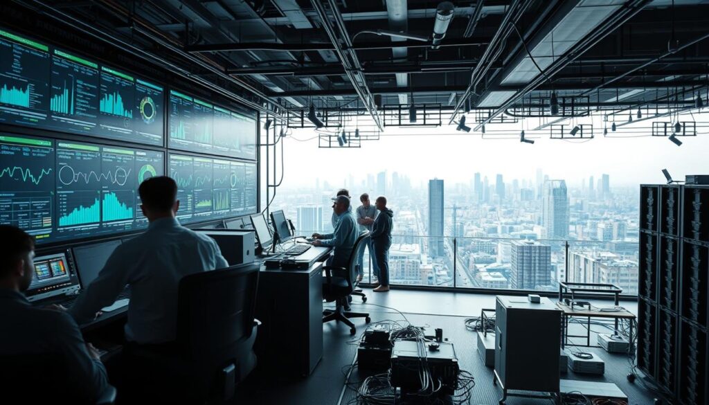Infrastructure management, a complex symphony of interconnected systems and processes, captured through a striking lens. In the foreground, a command center where data flows in real-time, dashboards displaying key performance indicators. Surrounding it, a network of digital pathways, cables, and servers, meticulously organized and maintained. In the middle ground, engineers collaborating, analyzing trends, and strategizing optimization. The background reveals the wider context, a bustling cityscape where infrastructure services are seamlessly integrated, enabling the efficient flow of resources and information. Soft, diffused lighting casts a contemplative mood, highlighting the significance of this collaborative effort to measure the impact of integration initiatives. Technical precision and human ingenuity converge, creating a harmonious visual representation of the "Measuring the Impact of Integration Efforts" section.